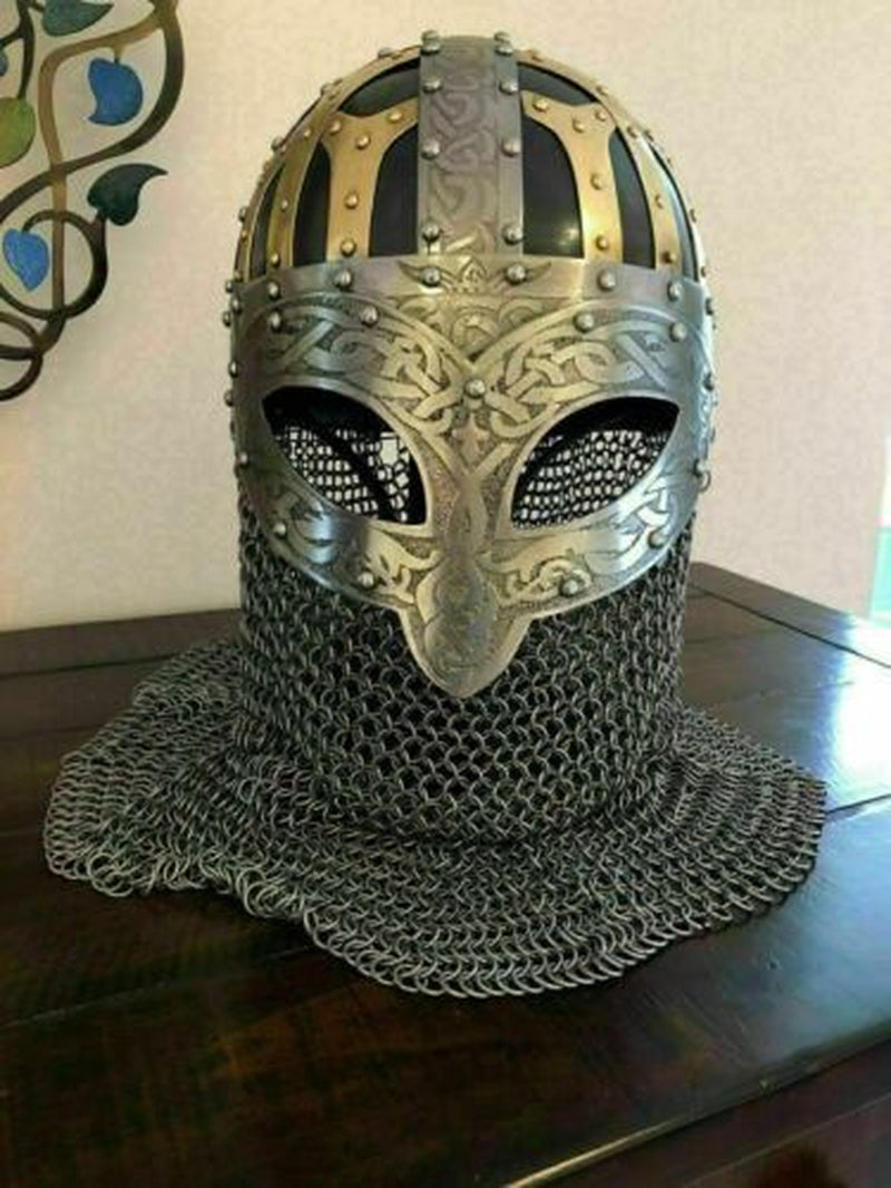 Helmet Steel & Brass Chain Mail Viking Armor Helmet Aching Knight Helmet