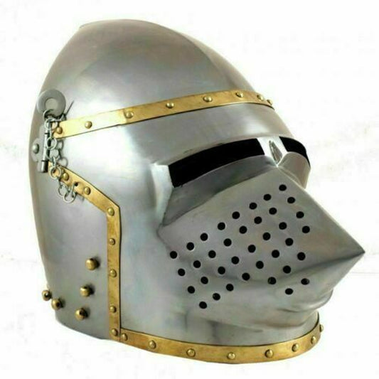Medieval Knight Pig Face Helmet Steel Brass Medieval Bascinet Armor Helmet