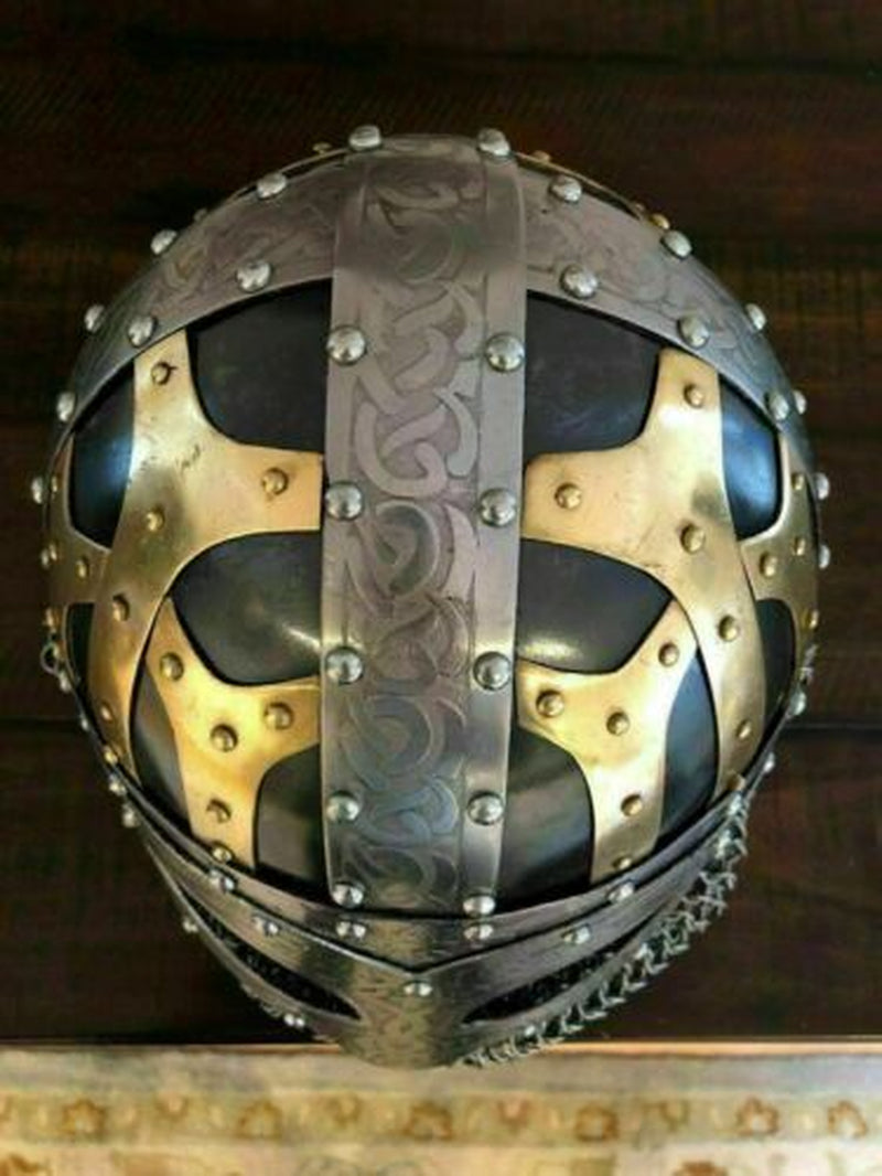 Helmet Steel & Brass Chain Mail Viking Armor Helmet Aching Knight Helmet