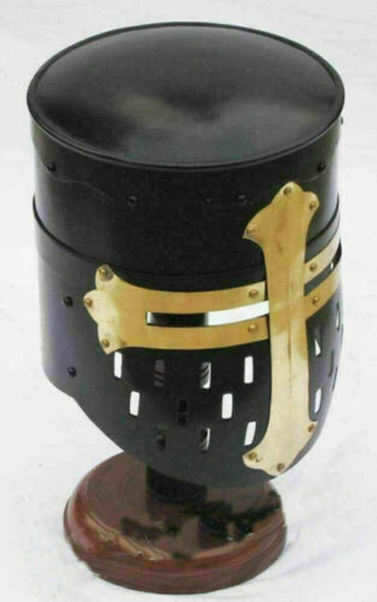 Medieval Steel Crusader Helmet with Brass Cross Reenactment LARP SCA Helmet