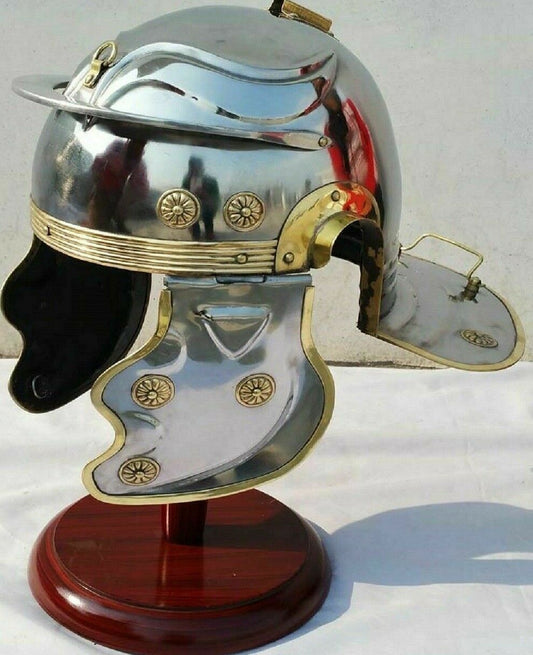 Collectable Greek Roman Helmet Silver Finish Medieval Armor with Wooden Stand